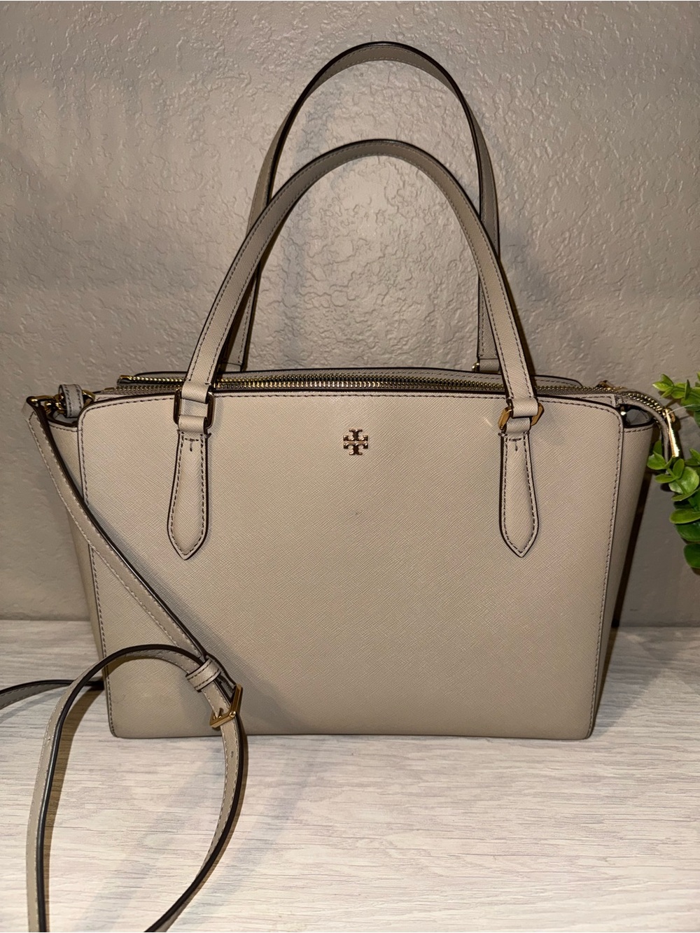 Tory Burch Emerson Small Top Zip Saffiano
Leather Tote French Gray